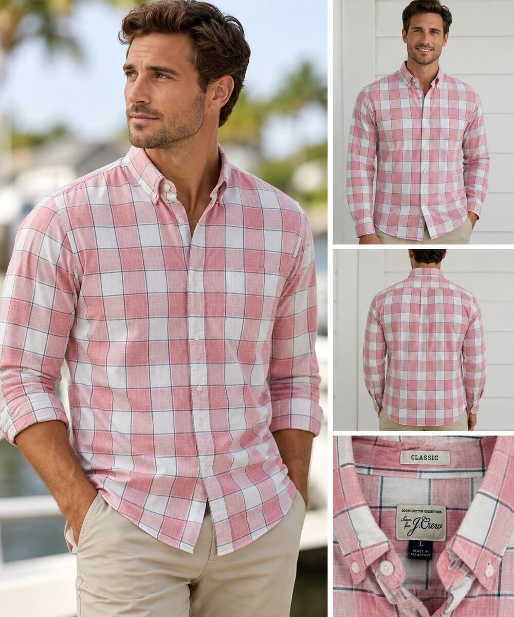 J.Crew Classic Men’s Large Pink White Plaid Button Down Shirt 100% Cotton L